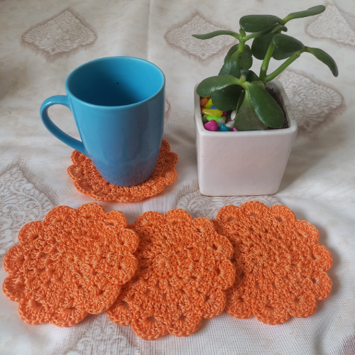 Crochet Coasters Set | Round | Set of 4 |Orange