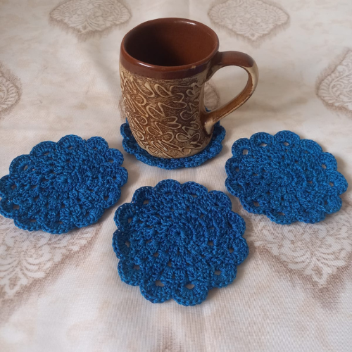 Crochet Coasters Set | Round | Set of 4 |Blue