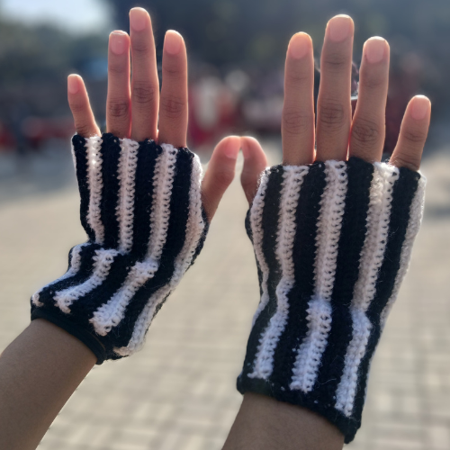 Striped Black & White Crochet Fingerless Gloves