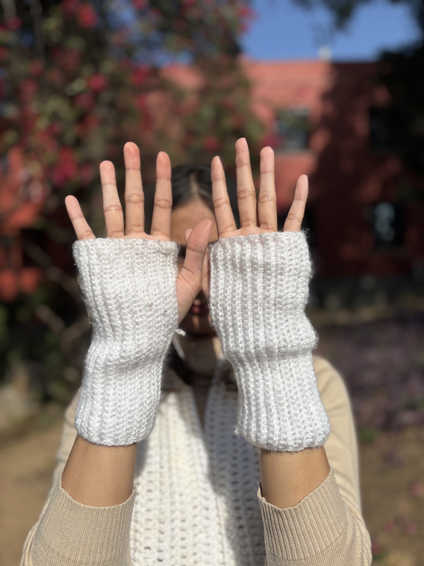 Fingerless White Crochet Gloves