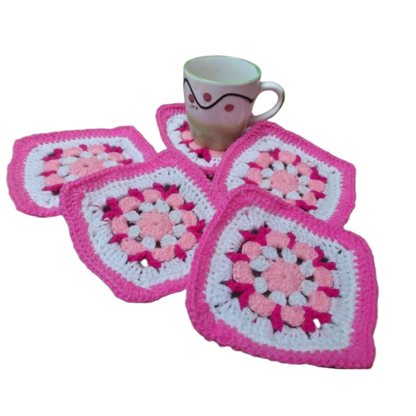 Crochet Coasters Set | Square | Set of 5 | Pink & White