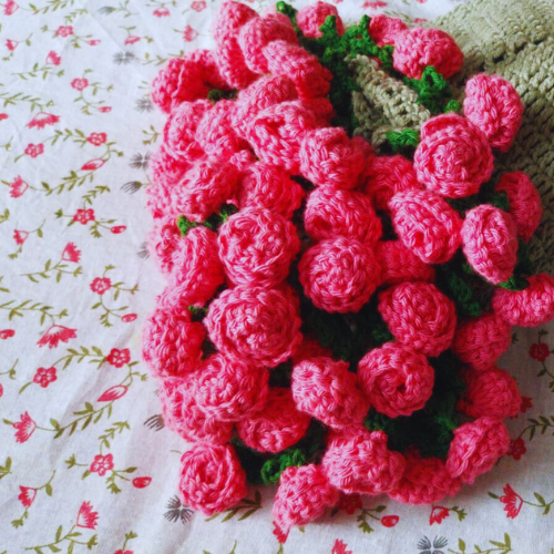 Handmade Sage Green Pink 3D Crochet Rose Bouquet & Blanket