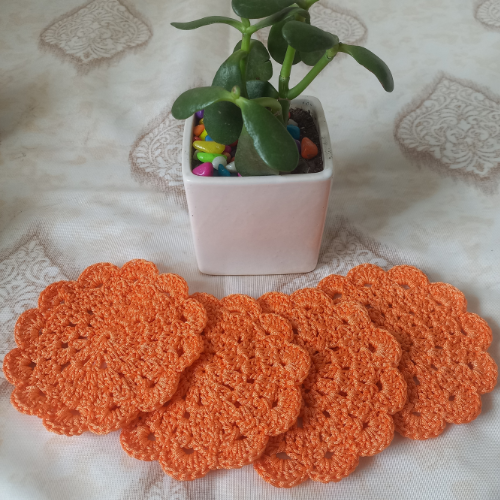 Crochet Coasters Set | Round | Set of 4 |Orange