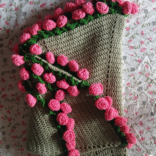 Handmade Sage Green Pink 3D Crochet Rose Bouquet & Blanket