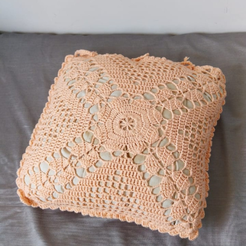 Cotton Peach Crochet Cushion Cover - Square