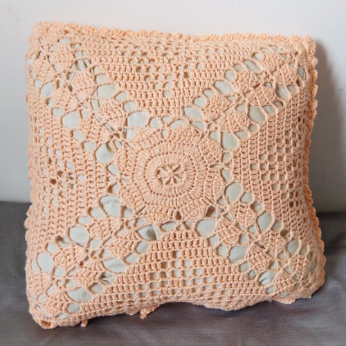 Cotton Peach Crochet Cushion Cover - Square