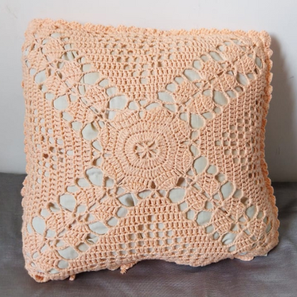 Cotton Peach Crochet Cushion Cover - Square