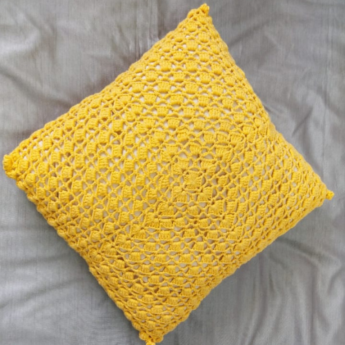 Cotton Yellow Crochet Cushion Cover - Square